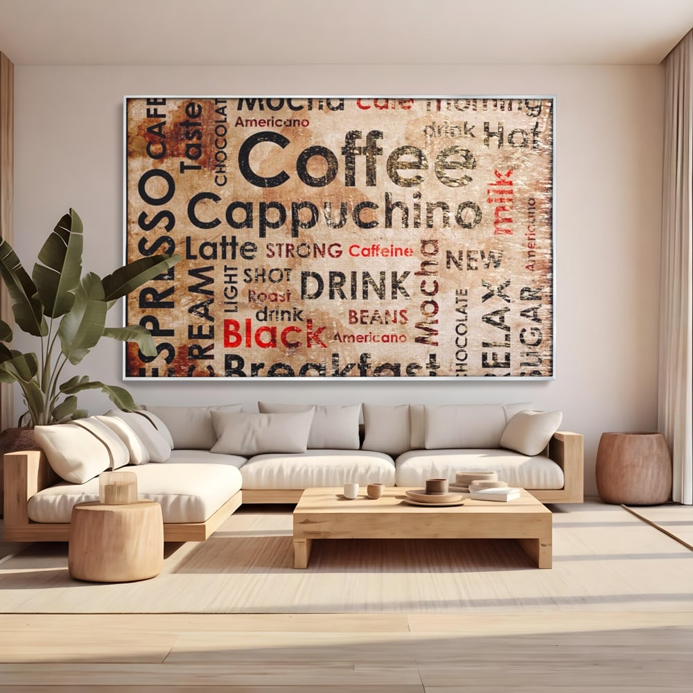 Tablou canvas cu tablou canvas tipografie cafea, in rama de aluminiu argintiu, pe perete intr-un living